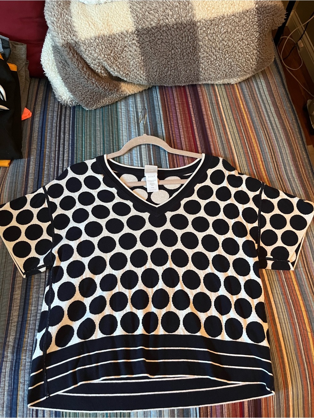 CAbi Navy and White Polka Dot V-Neck Top